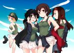  4girls abenattou adjusting_glasses back barefoot blush boots breasts caesar_(girls_und_panzer) cleavage clouds cloudy_sky erwin_(girls_und_panzer) girls_und_panzer glasses hand_on_hip haori hat headband holding jacket jacket_removed japanese_clothes looking_at_another looking_at_viewer looking_back military military_uniform miniskirt multiple_girls muneate open_clothes open_jacket open_mouth oryou_(girls_und_panzer) peaked_cap pleated_skirt red-framed_glasses running saemonza scarf scarf_removed semi-rimless_glasses skirt sky smile standing tank_top thigh-highs under-rim_glasses uniform 
