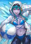  &gt;:d 1girl :d bikini blue_bikini blue_hair breasts cleavage demon_girl fangs hellice_frost_demon_(p&amp;d) ice ice_wings long_hair lotus_(elico) navel open_mouth purple_skin puzzle_&amp;_dragons smile solo sunglasses sunglasses_on_head swimsuit violet_eyes wings 