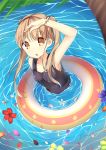  1girl :o amemiya_ruki arm_up bare_arms blonde_hair flower highres innertube long_hair looking_at_viewer open_mouth original partially_submerged petals school_swimsuit solo swimsuit tree twintails water wristband yellow_eyes 