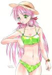  1girl akaguro-san akashi_(kantai_collection) bikini breasts cleavage green_eyes hair_ribbon hat highres kantai_collection long_hair midriff open_mouth pink_hair ribbon straw_hat swimsuit tress_ribbon twintails 