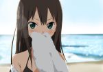  1girl aqua_eyes beach bikini brown_hair idolmaster idolmaster_cinderella_girls long_hair looking_at_viewer saitoyu00 shibuya_rin swimsuit water 