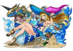  3boys 3girls :d anne_&amp;_mary_(p&amp;d) awilda_(p&amp;d) bartholomew_(p&amp;d) beach bikini blackbeard_(p&amp;d) blonde_hair blue_bikini blue_eyes breasts captain_kidd_(p&amp;d) chibi cleavage dragon hat high_heels hino_shinnosuke large_breasts long_hair multiple_boys multiple_girls open_mouth pirate_hat puzzle_&amp;_dragons sand_castle sand_sculpture simple_background sitting smile solo solo_focus star surfboard swimsuit tamadra water waves white_background 