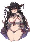  1girl bikini black_hair blue_hair blush breasts brown_eyes danua granblue_fantasy horn_ornament horns jewelry large_breasts long_hair looking_at_viewer navel parted_lips pendant pointy_ears puppet seiza shikino_yuki simple_background sitting solo swimsuit teeth translated white_background 