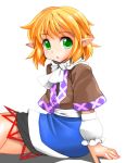  1girl :o arm_warmers blonde_hair green_eyes mizuhashi_parsee mono_(moiky) pointy_ears scarf short_hair simple_background sitting solo touhou white_background 