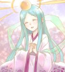  1girl :d ^_^ amaterasu_(p&amp;d) aqua_hair closed_eyes hagoromo hands_clasped interlocked_fingers japanese_clothes long_hair long_sleeves lotus_(elico) open_mouth puzzle_&amp;_dragons shawl smile solo sun upper_body very_long_hair wide_sleeves 