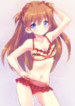  1girl arm_up bikini blue_eyes blush breasts brown_hair cleavage ech frilled_bikini frills hair_ornament hand_on_hip long_hair looking_at_viewer navel neon_genesis_evangelion sexy_pose simple_background solo souryuu_asuka_langley swimsuit twintails 