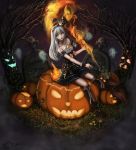  1girl bare_shoulders bare_tree bat_wing black_boots black_skirt boots citycat fire ghost hair_ornament halloween headband jack-o&#039;-lantern knee_boots original signature silver_hair skirt staff tombstone tree vines witch 