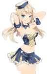  1girl :p adjusting_hair anmi blonde_hair blue_eyes breasts character_request cleavage copyright_request detached_collar gloves groin hat long_hair midriff navel skirt smile solo thighs tongue tongue_out 
