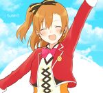  1girl blue_sky bow chisumi closed_eyes clouds earrings facing_viewer jewelry kousaka_honoka love_live!_school_idol_project open_mouth orange_hair side_ponytail sky solo song_name sunny_day_song twitter_username upper_body 