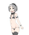  1girl black_legwear bow bra choker commentary_request den&#039;en flat_chest grey_eyes grey_hair highres kantai_collection maid_headdress maru-yu_(kantai_collection) navel open_mouth panties ribbon_choker short_hair simple_background skindentation solo underwear white_background 