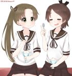  2girls ayanami_(kantai_collection) closed_eyes dessert food kantai_collection multiple_girls school_uniform shikinami_(kantai_collection) spoon yukichi_(sukiyaki39) 
