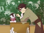  1boy black_eyes black_hair book chalk chalkboard chiwaya glasses itoshiki_nozomu japanese_clothes kimono sayonara_zetsubou_sensei short_hair smile solo 