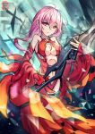  1girl bare_shoulders black_legwear breasts center_opening cleavage detached_sleeves elbow_gloves fingerless_gloves gloves guilty_crown hair_ornament hairclip long_hair looking_at_viewer navel original pink_hair red_eyes solo thigh-highs twintails void_(guilty_crown) yuzuriha_inori 