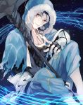  1boy blue_hair capelet cu_chulainn_(fate/grand_order) fate/grand_order fate_(series) fingerless_gloves fur_trim gloves highres hood lancer long_hair male_focus red_eyes sitting smile solo staff wowishi 