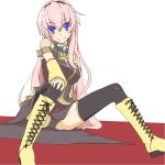  1girl black_legwear blue_eyes blush boots breasts detached_sleeves headphones headset long_hair long_skirt megurine_luka panties pantyshot pantyshot_(sitting) pink_hair pon_(shind_997) side_slit sitting skirt smile solo thigh-highs underwear very_long_hair vocaloid 