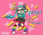  1girl artist_name blue_hair bow dated fangs fingerless_gloves fist_pump gloves hair_bow inkling leg_warmers nail_polish pink_background pointy_ears sami_(artist) shoes skirt sneakers splatoon tentacle_hair tentacles 