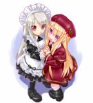  2girls blonde_hair boots capelet hat holding_hands kishita lace-trimmed_skirt maid maid_headdress multiple_girls ribbon shoes silver_hair smile thigh-highs violet_eyes 