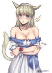  1girl animal_ears aruma_jiki bare_shoulders blonde_hair blue_eyes blush breasts cleavage final_fantasy final_fantasy_xiv long_hair looking_at_viewer miqo&#039;te open_mouth simple_background solo tail teeth twitter_username white_background 