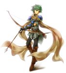  1boy arano_hachi armor boots bow_(weapon) fire_emblem fire_emblem:_mystery_of_the_emblem gauntlets gloves green_eyes green_hair scarf simple_background solo tomas_(fire_emblem) weapon white_background 