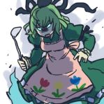  1girl angry apron ghost_tail green_eyes green_hair hat ladle lowres shaded_face sketch soga_no_tojiko solo tate_eboshi terajin touhou 