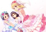  3girls black_hair blonde_hair bridal_veil brown_eyes brown_hair dress elbow_gloves flower gloves green_eyes hair_ornament idolmaster idolmaster_cinderella_girls long_hair multiple_girls naruna01 open_mouth sakurai_momoka sasaki_chie short_hair smile tachibana_arisu veil wedding_dress 