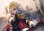  1girl belt blonde_hair blue_eyes breasts cape epaulettes gloves large_breasts long_hair looking_at_viewer matsuda_(matsukichi) military military_uniform original personification solo sword uniform weapon white_gloves 