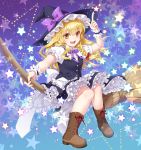  1girl apron arm_up blonde_hair boots bow braid broom broom_riding brown_boots cross-laced_footwear frills full_body gradient gradient_background hair_bow hair_ornament hat hat_bow hat_ribbon highres kirisame_marisa kuronohana lace-up_boots long_hair pointing pointing_up puffy_sleeves ribbon shirt short_sleeves side_braid single_braid skirt skirt_set solo star touhou vest waist_apron witch_hat wrist_cuffs 