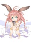  1girl animal_ears book character_request from_above green_eyes harem_outfit highres loincloth long_hair looking_at_viewer looking_up mitsuru_(habihapi) navel pink_hair rabbit_ears shadow simple_background smile solo twintails two_side_up white_background 