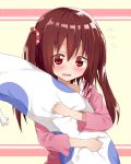  1girl blush brown_hair ebina_nana flying_sweatdrops highres himouto!_umaru-chan long_hair looking_at_viewer object_hug open_mouth red_eyes solo stuffed_animal stuffed_cat stuffed_toy twintails wavy_mouth yuuuuu_(magia-mami) 