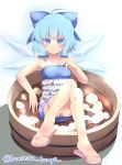  1girl alternate_costume blue_eyes blue_hair blush bow bucket cirno crossed_legs dress flip-flops full_body gradient gradient_background hair_bow hair_ornament hair_ribbon highres ice ice_wings in_bucket in_container koutetu_bouya looking_at_viewer partially_submerged ribbon sandals shirt short_hair sitting skirt sleeveless smile solo sweat touhou twitter_username water wings 