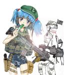  1girl alternate_costume animal_ears assault_rifle backpack bag bandaid bandaid_on_face belt blue_eyes blue_hair blush camouflage collarbone cucumber flag flask food from_behind gloves gun hair_bobbles hair_ornament handgun hat helmet holster inubashiri_momiji kawashiro_nitori load_bearing_vest looking_at_viewer looking_back military military_uniform pants partially_colored pocket rifle sgt_nakamura short_hair simple_background single_glove smile solo thigh_holster touhou twintails uniform weapon white_background wolf_ears 