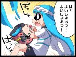  1girl blue_eyes blue_hair blush bucket commentary_request eromame fang hachimaki headband inkling long_hair paint shorts solo splatoon tentacle_hair translated twitter_username 