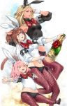  3girls :d alcohol animal_ears blonde_hair blue_eyes bowtie breasts brown_hair champagne closed_eyes dark_skin detached_sleeves elezen elf fake_animal_ears final_fantasy final_fantasy_xiv fishnet_pantyhose fishnets groin highres lalafell long_hair looking_at_viewer makimura_shunsuke miqo&#039;te multiple_girls navel open_mouth pantyhose pink_hair pointy_ears ponytail rabbit_ears short_hair smile teeth tiara 