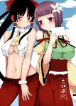  2girls adapted_costume aoshima bare_shoulders black_eyes black_hair bob_cut bow breasts cleavage cover cover_page detached_sleeves flower hair_bow hair_flower hair_ornament hair_tubes hakurei_reimu hieda_no_akyuu highres multiple_girls navel purple_hair sleeveless touhou violet_eyes yuri 