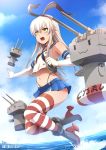  1girl blonde_hair doctorzexxck highres kantai_collection midriff miniskirt rensouhou-chan shimakaze_(kantai_collection) skirt striped striped_legwear thigh-highs watermark 