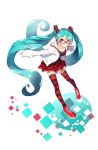  1girl aqua_eyes aqua_hair glasses hatsune_miku headphones highres kocchi_muite_baby_(vocaloid) lf long_hair long_sleeves looking_at_viewer plaid plaid_skirt project_diva project_diva_2nd red_eyes red_glasses skirt smile solo thighhighs twintails very_long_hair vocaloid 