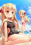  2girls baku_ph beach bikini black_bikini blonde_hair blue_eyes blush covered_navel dual_persona frilled_bikini frills hair_ribbon highres lily_black lily_white looking_at_viewer multiple_girls open_mouth pink_bikini red_eyes ribbon sitting swimsuit touhou water wings 