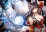  1girl ahri animal_ears black_hair breasts cleavage collarbone fox_ears komecchi league_of_legends long_hair looking_at_viewer magic multiple_tails solo tail yellow_eyes 