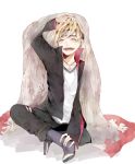  1boy blonde_hair closed_eyes forehead_protector highres jacket jewelry naruto necklace sandals short_hair smile uzumaki_boruto 