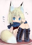  1girl animal_ears blonde_hair blue_eyes blush boots bracelet fox_ears fox_tail jewelry looking_at_viewer open_mouth original paprika_shikiso scarf short_hair sitting solo strapless sweatdrop tail tubetop 