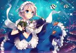  1girl apron blue_eyes blush bow braid bubble clownfish fish frills hair_bow hair_ornament izayoi_sakuya maid_headdress masaru.jp open_mouth pocket_watch puffy_sleeves ribbon shirt short_hair short_sleeves silver_hair skirt skirt_set solo sparkle touhou twin_braids twitter_username underwater vest waist_apron watch wrist_cuffs 