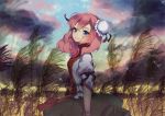  1girl acidear bun_cover clouds double_bun field flower ibaraki_kasen looking_at_viewer nature pink_hair puffy_sleeves rose shirt short_hair short_sleeves skirt sky smile solo sparkle tabard touhou violet_eyes wheat 