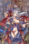  1girl 2015 :d antenna_hair armor breasts brown_eyes cleavage collarbone highres holding holding_sword holding_weapon japanese_armor katana kusazuri large_breasts lightning navel official_art open_mouth outline ponytail sengoku_yaraideka sheath silver_hair smile sode solo_focus sword teeth watermark weapon zutta 