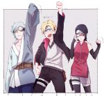  1girl 2boys adjusting_glasses arm_up black_hair blonde_hair blue_hair fang fist_pump forehead_protector glasses jacket jewelry long_sleeves mitsuki_(naruto) multiple_boys naruto pendant red-framed_glasses shigegigi short_hair smile sweatdrop uchiha_sarada uzumaki_boruto yellow_eyes 