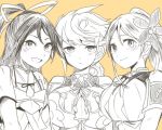  3girls amagi_(kantai_collection) asymmetrical_hair bare_shoulders braid cleavage_cutout flat_gaze flower hair_flower hair_ornament hair_ribbon itomugi-kun kantai_collection katsuragi_(kantai_collection) long_hair looking_at_viewer messy_hair mole mole_under_eye monochrome multiple_girls ponytail ribbon short_sleeves simple_background single_braid smile unryuu_(kantai_collection) upper_body yellow_background 