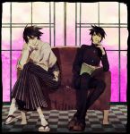  2boys black_hair book checkered checkered_floor gakuran glasses goroo itoshiki_nozomu japanese_clothes kimono kudou_jun male_focus multiple_boys sandals sayonara_zetsubou_sensei school_uniform short_hair sitting window 