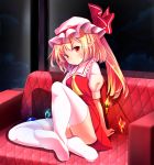  1girl blonde_hair flandre_scarlet hat highres long_hair oimo_(imoyoukan) pointy_ears red_eyes side_ponytail smile solo thigh-highs thighs touhou wings 