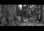  forest greyscale leaf monochrome nakakore nature no_humans original plant scenery signature stairs tree 