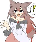  ! 1girl animal_ears black_eyes blush breasts brooch brown_hair collarbone dress fangs imaizumi_kagerou jewelry long_hair long_sleeves looking_at_viewer open_mouth peku029 simple_background solo speech_bubble tail touhou white_background wolf_ears wolf_tail 