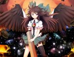  1girl ahoge arm_cannon bird_wings black_legwear black_wings bow breasts brown_hair cape cowboy_shot feathered_wings galaxy green_skirt hair_bow long_hair looking_to_the_side miniskirt nogisaka_kushio puffy_short_sleeves puffy_sleeves reiuji_utsuho shirt short_sleeves single_thighhigh skirt smile solo spread_wings thigh-highs third_eye touhou violet_eyes weapon white_shirt wings 